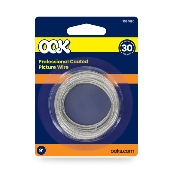 Ook Professional Coated Picture Wire, 9 ft, 30 lbs, Steel, Plastic Coated, Silver