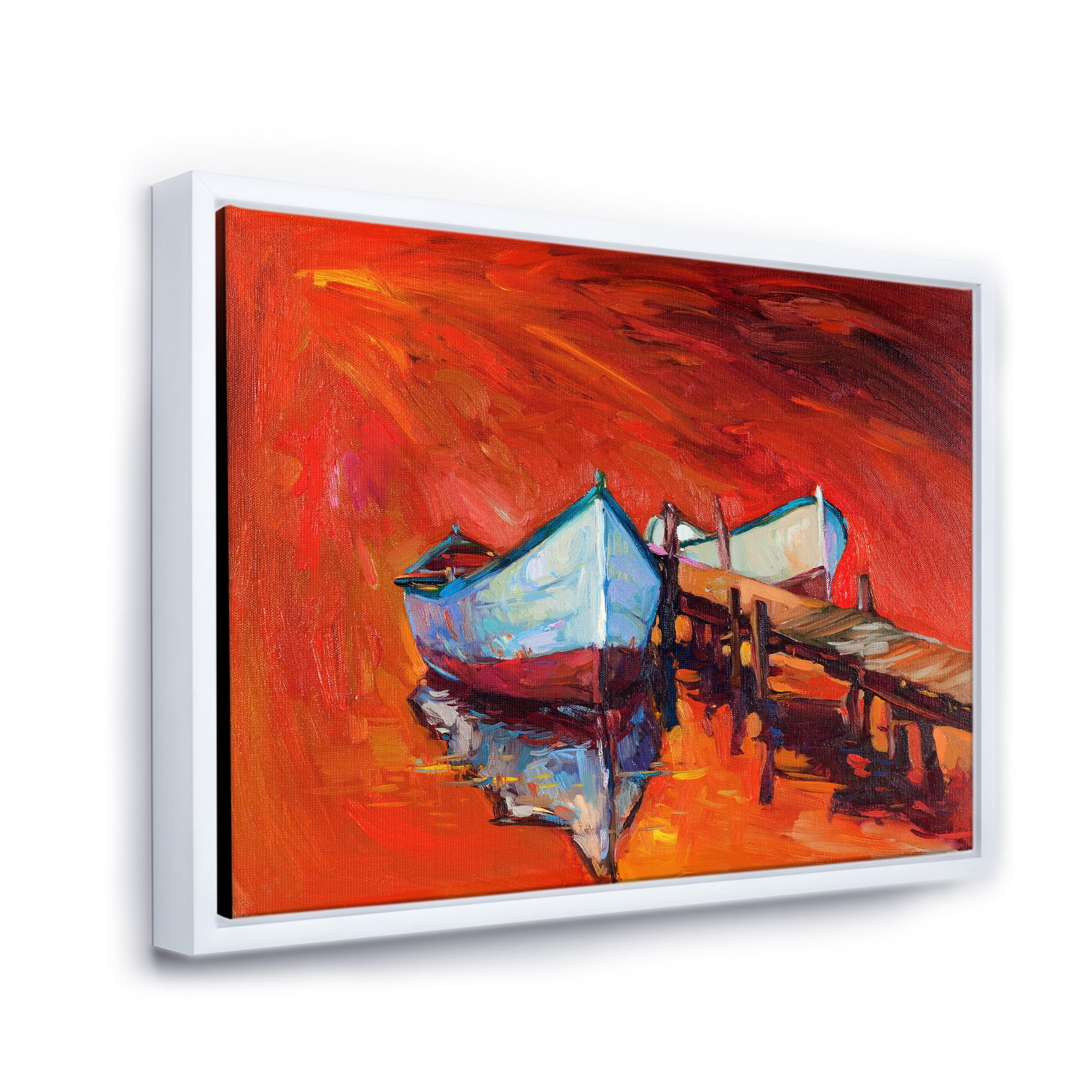 Designart 'Boats Near Coastal Town Resting On The Water IV' Nautical & Coastal Framed Canvas Wall Art Print