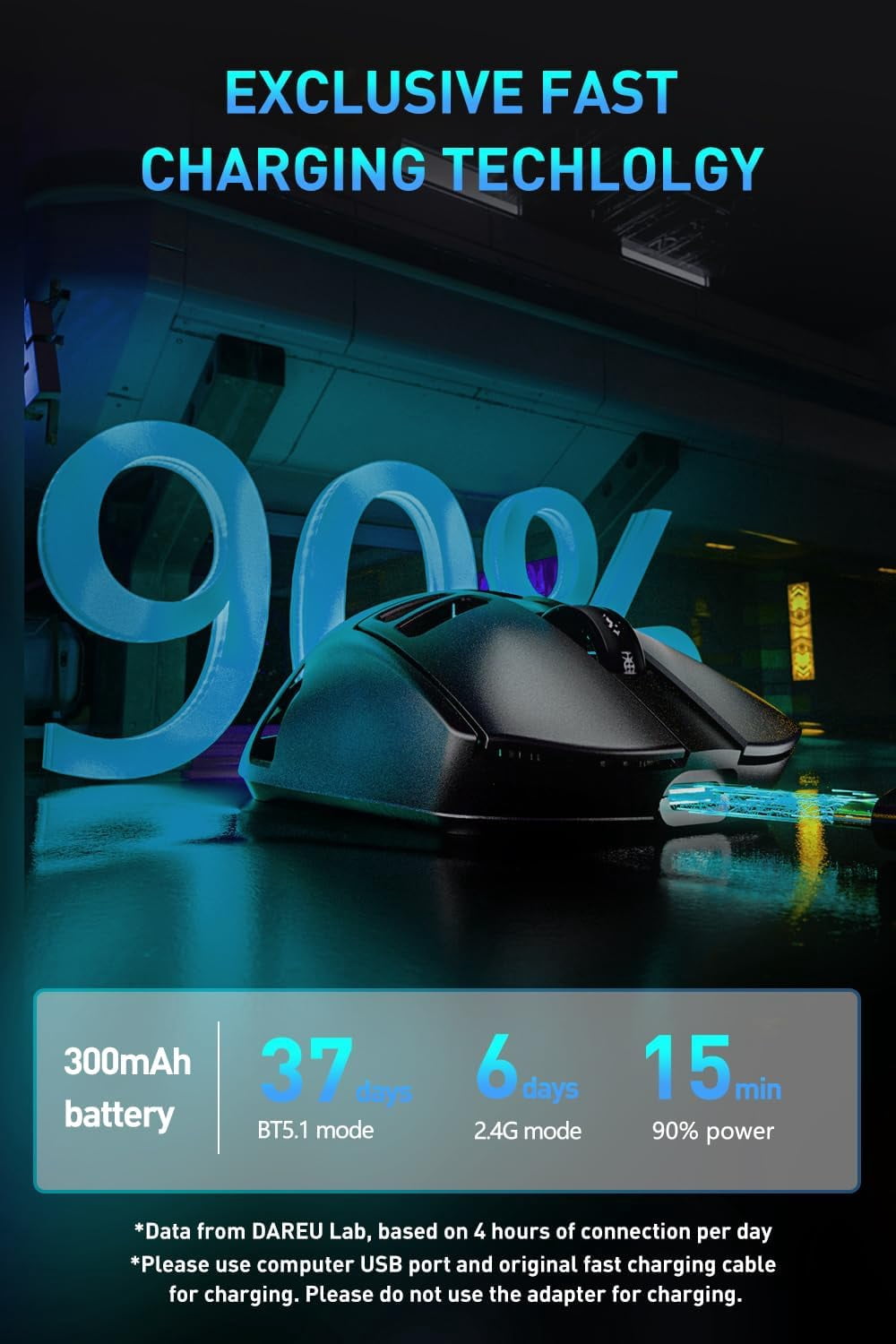 DAREU A950pro 4K Wireless Gaming Mouse:55g Ultra-Lightweight,4KHz Polling Rate,PAW3395 Optical Sensor,26K DPI,6 Programmable Buttons,Support 15min Fast Charging &Tri-mode Connection (Black)