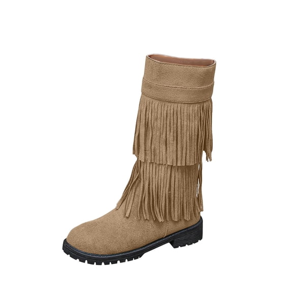 Ahabrexf Women's Western Boots Mid Calf Faux Suede Double Layer Fringe 1.54in Heel Easy on Winter Trouser Boots