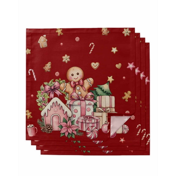 Red Gingerbread Christmas Cloth Napkins Set of 4 Reusable Dinner Napkins, Xmas Tree Gift House Star Cocktail Napkin Washable Table Napkins for Wedding/Holiday Party/Baby Shower 20"x20"