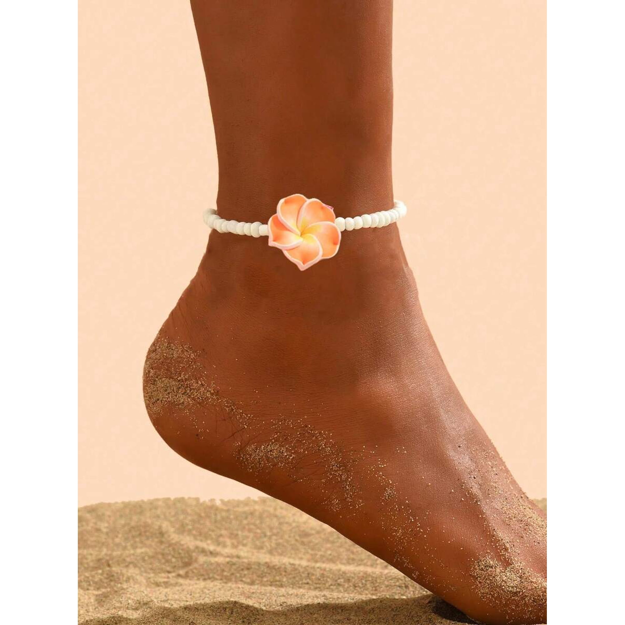 Orange Beaded Plumeria Flower Anklet With Lobster Claw Clasp For Women