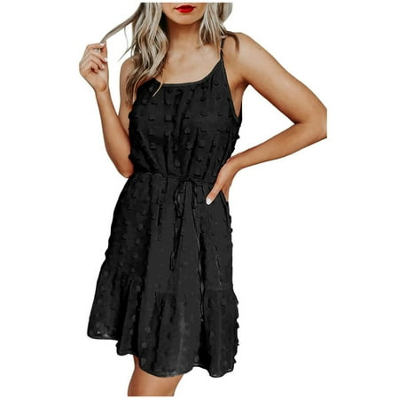 

Women Chiffon Pom O-Neck Solid Sleevless Sling Drawstring Short Skirt Mini Dress Black L