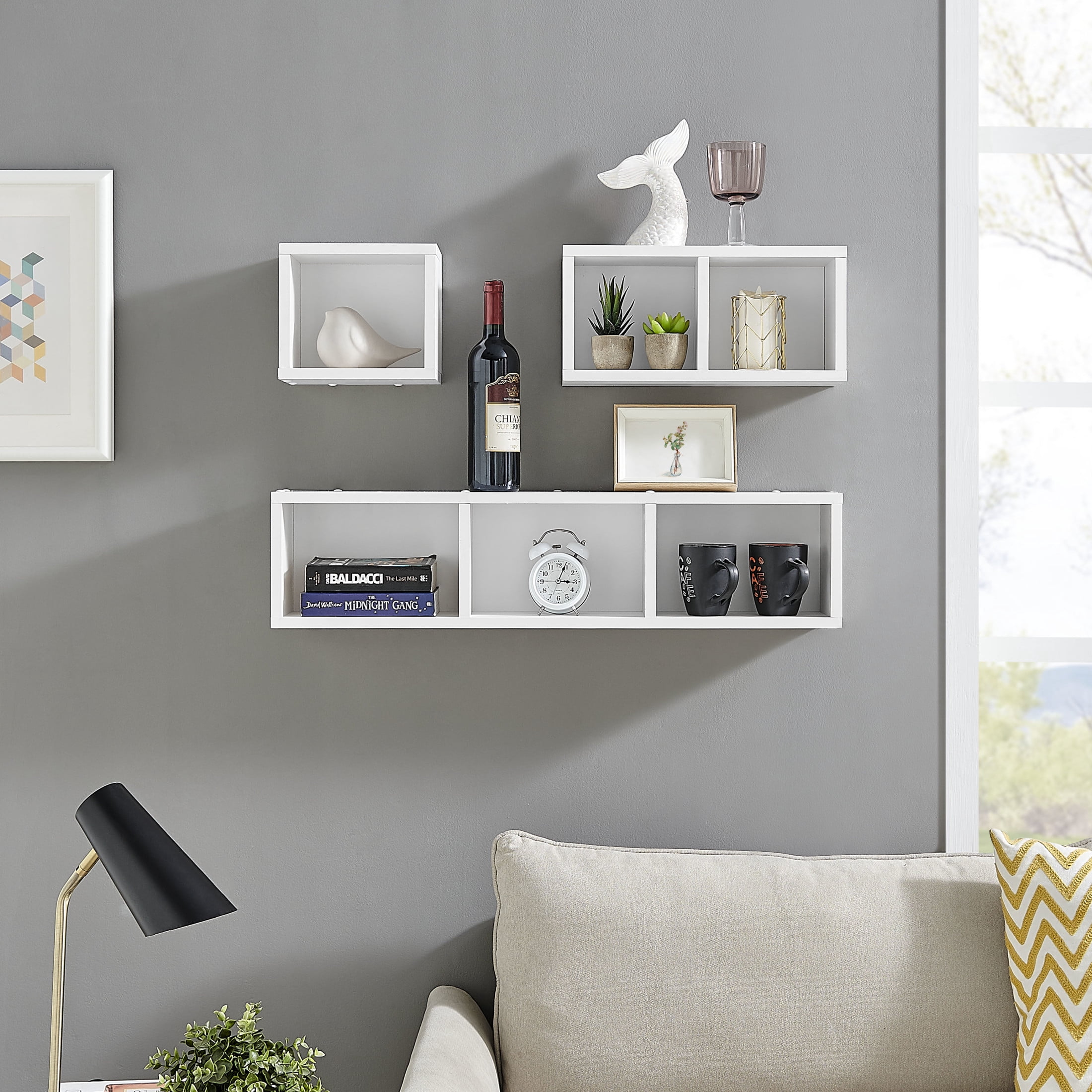 Danya B. Bauhaus Floating Geometric Cubby Wall Shelves - Set of 3 Sizes - White