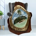 thumbnail image 4 of Hawaiian Soft Flannel Fleece Blanket, Porthole Inside Ship View of a Deserted Island Hill Cliff Tropical Holiday, Cozy Plush for Indoor and Outdoor Use, 50" x 60", Brown Yellow Green, by Ambesonne, 4 of 5