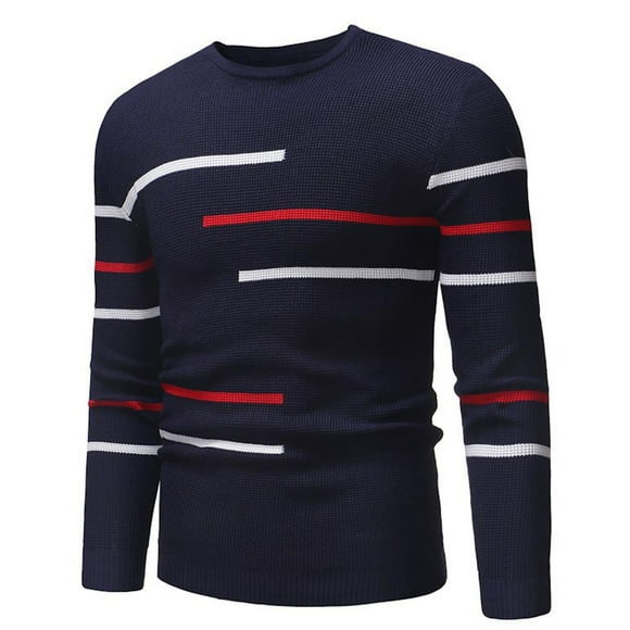 jsaierl Mens Sweater Knit Crew Neck Striped Print Top Long Sleeve Slim Fit Stretch Fall and Winter Pullover Sweater