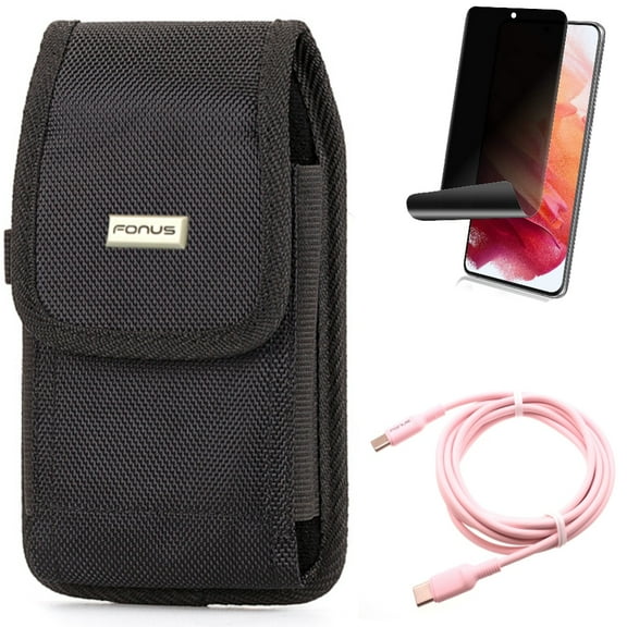 Pink 10ft Long Cable w Case Belt Clip w Privacy Screen Protector for Samsung Galaxy S21 Plus - USB-C to Type-C PD Fast Charger, Rugged Holster, TPU Film Fingerprint Works Accessory Bundle