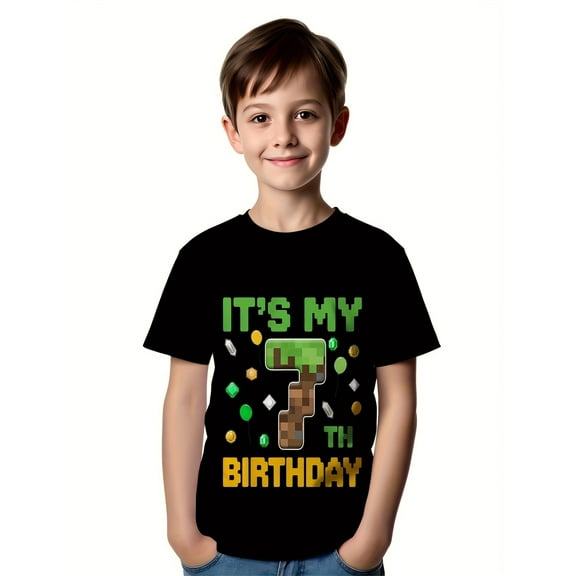 7th Birthday 3D Print Tee - "It'S My 7th Birthday" with Pixelated Cake Design, Casual Crew Neck, Lightweight & Comfortable, Perfect for Summer, Birthday Party Attire|Playful Birthday Design