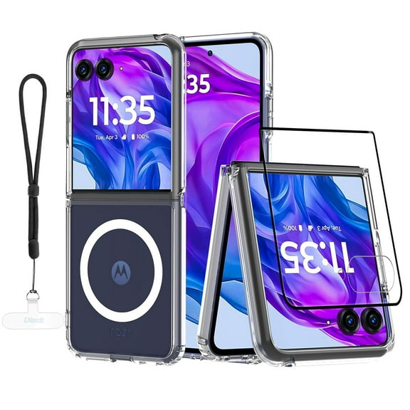 Dteck Magnetic for Motorola Razr 2025/2024 Case with Screen Protector, Compatible with Mag-Safe, Transparent Shockproof Yellowing Anti-Scratch Cover Wrist Strap