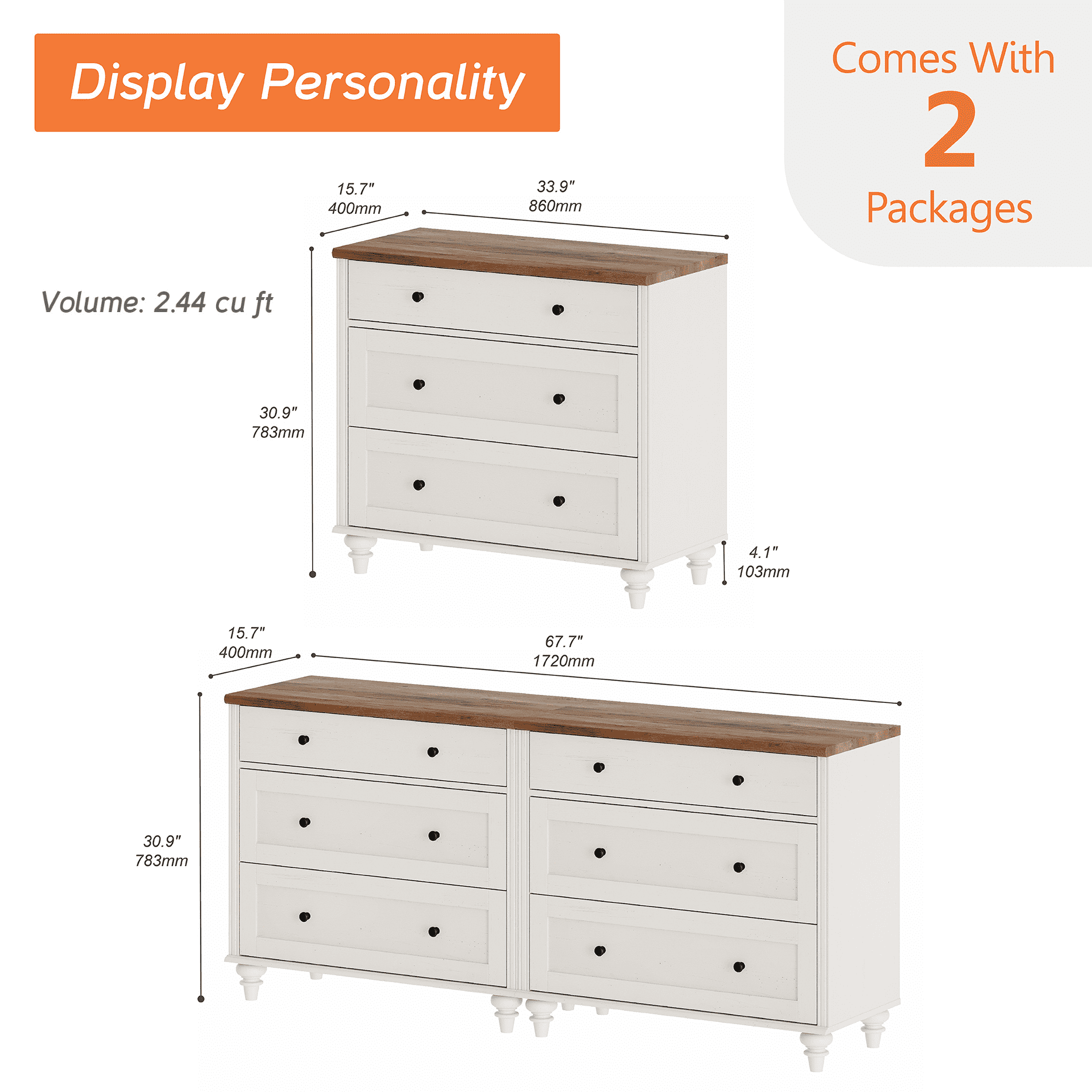 White Dresser Cabinet with 6 Drawers, Mid-Century Modern Wooden Bedroom Closet Storage Organizer, Small Dressers Suitable for Living Room, Nursery, and Hallway, 68"