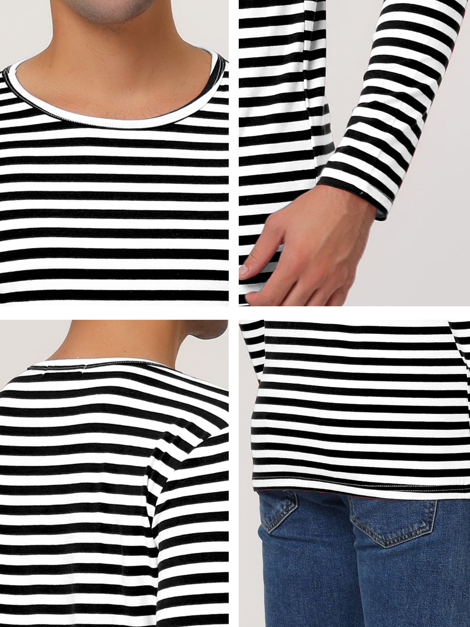 Unique Bargains Men's Long Sleeve Pullover Top Crew Neck Striped T-Shirts 38 White Blacks