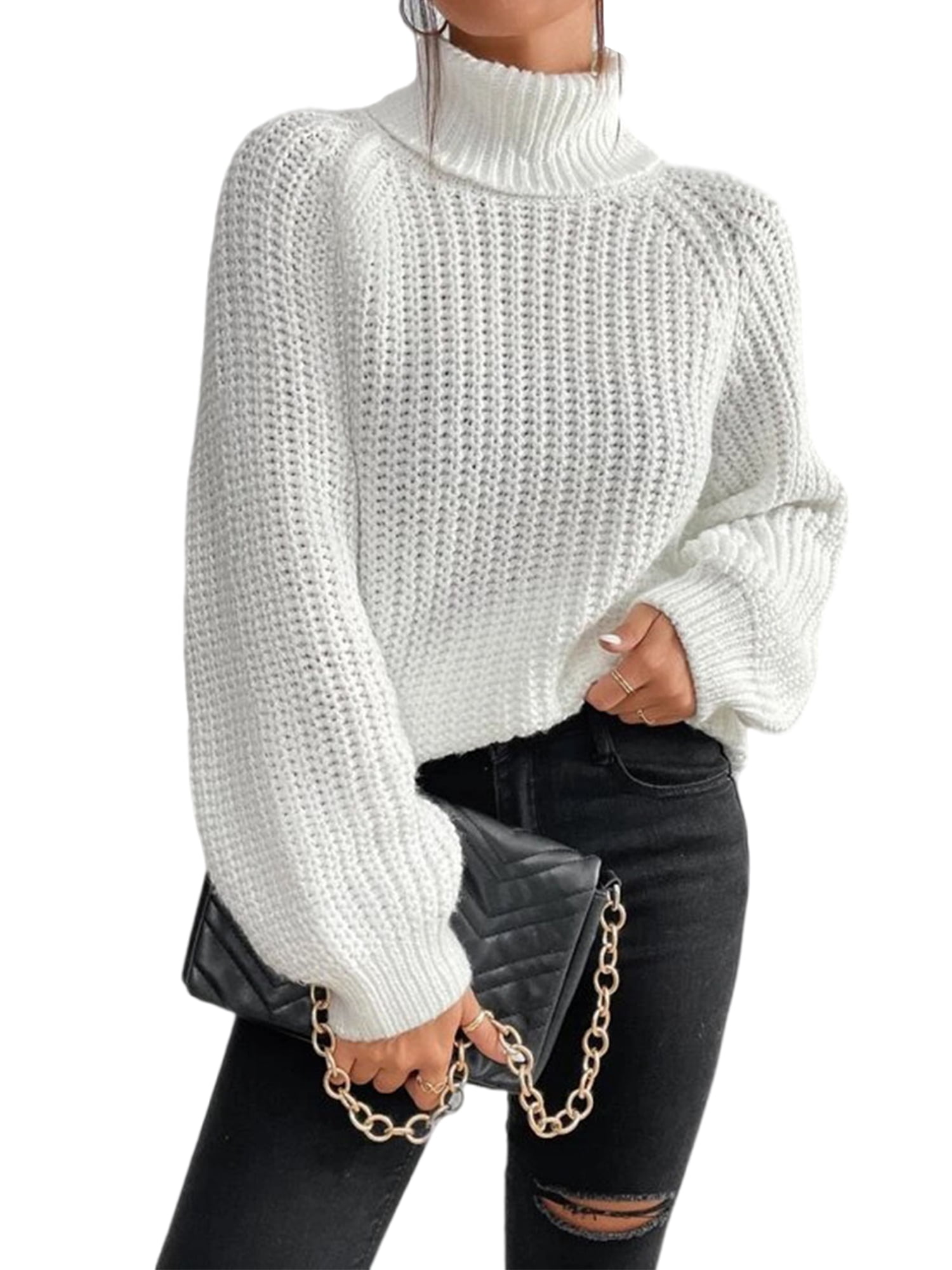 Innerwin Chandails à Col Roulé pour Femmes Chandail de Travail Manches Longues Ample Tricoté Blanc 2TG