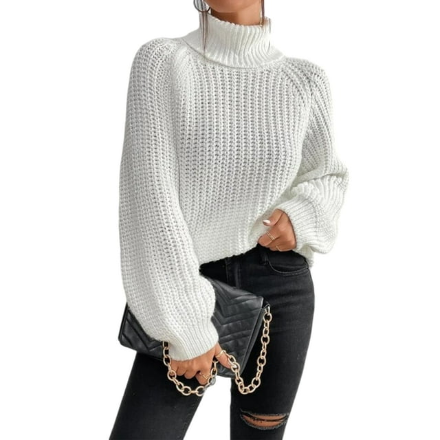 Innerwin Chandails à Col Roulé pour Femmes Chandail de Travail Manches Longues Ample Tricoté Blanc m