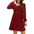thumbnail image 3 of Efsteb Fall Fashion 2025 Womens Long Sleeve Dresses Casual Square Neck Sweater Dress Lantern Sleeve Pocket Knitted Striped Dress (Wine,XL), 3 of 7