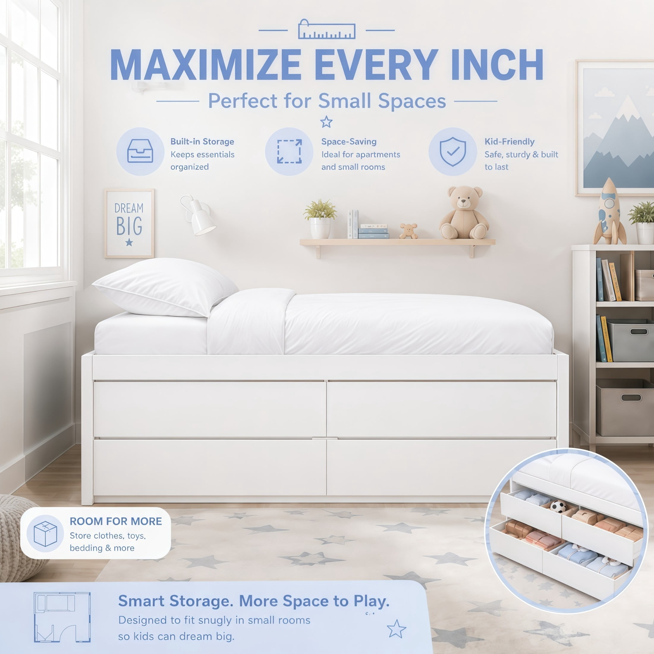 GDF Studio Tyler Twin Size Captain Bed with Storage Drawers & Side Door, Modern Space-Saving Bed for Kids, White