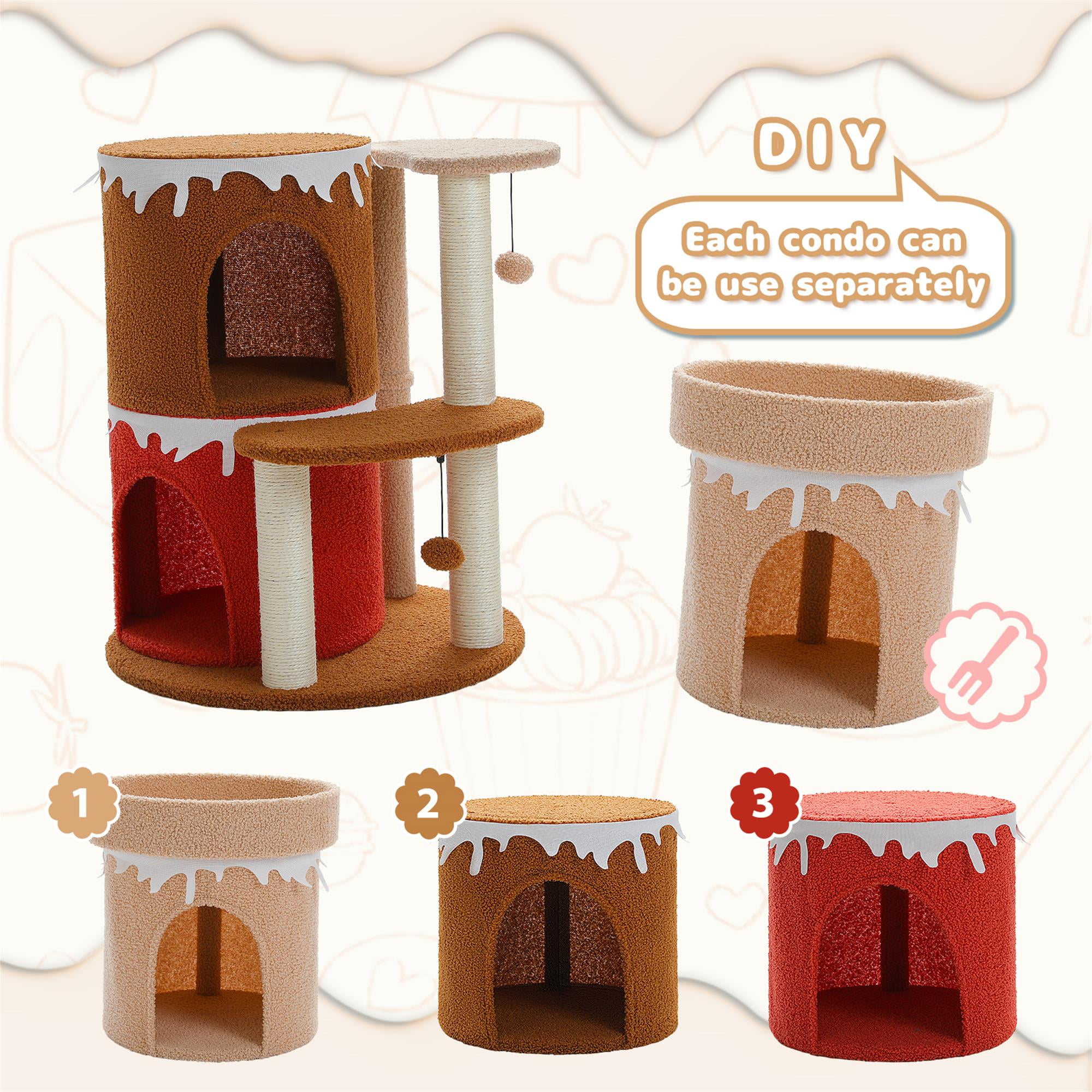 Kadyn 43" Cat Tree Tower for Indoor Cats, Cat Tree House with 3 Cat Condos, Platform, Scratching Posts, Hanging Ball, Cat Climbing Frame Bed, Brown