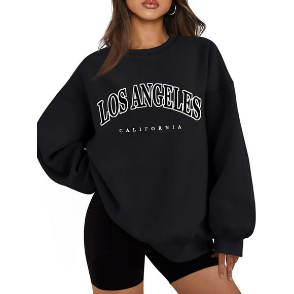 Chandails en Molleton en Molleton Surdimensionnés pour Femmes Manches Longues Col Rond Pull Décontracté Chandail à Capuchon Tops La-Noir Large
