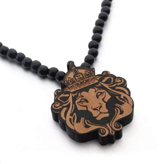 HOOUN Mens Large Animal Lion Wood Pendant Necklace Hip Hop Jewelry Bead Chain 35" Gift