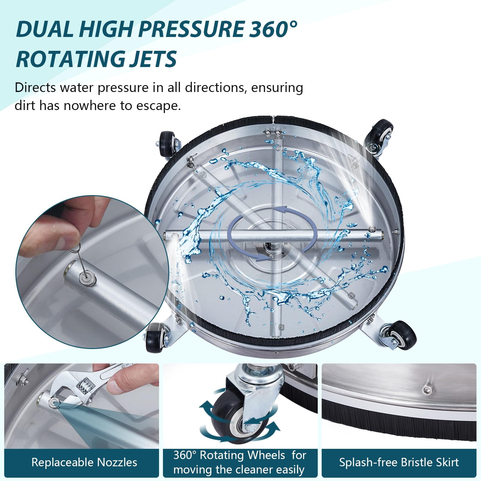 Luku 24" Pressure Washer Surface Cleaner with Dual Handle, 4 Wheels, 3/8" Quick Connect, 2 Replacement Nozzles, Stainless Steel Power Washer Surface Cleaner for Driveway Sidewalk Patio 4000 PSI