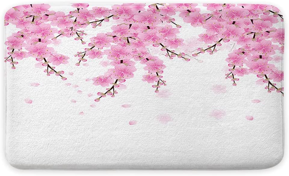 Pink Bath Mat, Spring Cherry Blossom Flower Bath Mats, Pink Floral