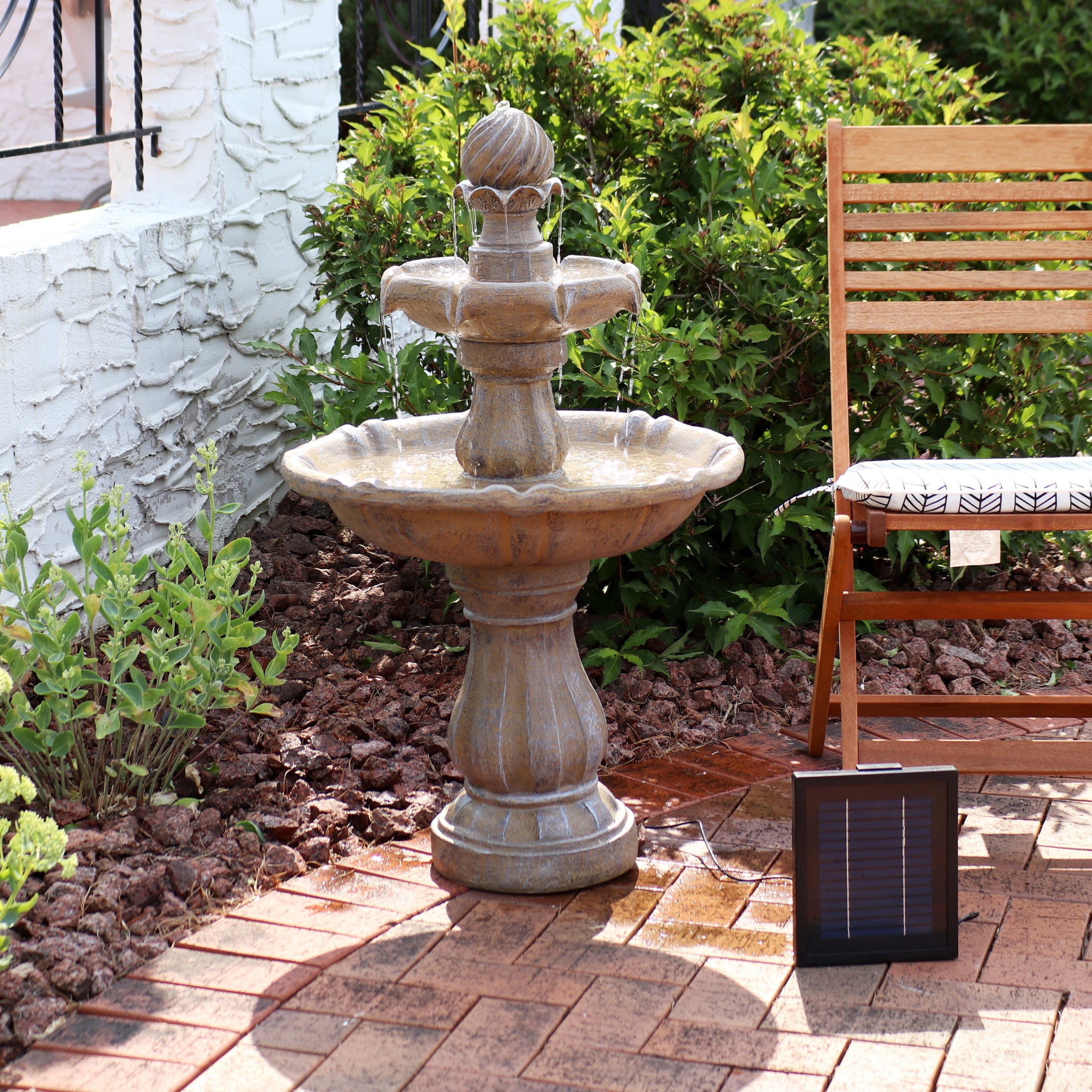 Sunnydaze Traditional Earth Resin 2-Tier Solar Water Fountain with Battery