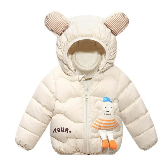 IVEYRTF Childrens Lightweight Down Jacket Warm Winter Coat with Cute Bear Print Hooded Outerwear for Boys and Girls Puffer Jacket Kids Fashion Apparel(Beige,7-8 Years)