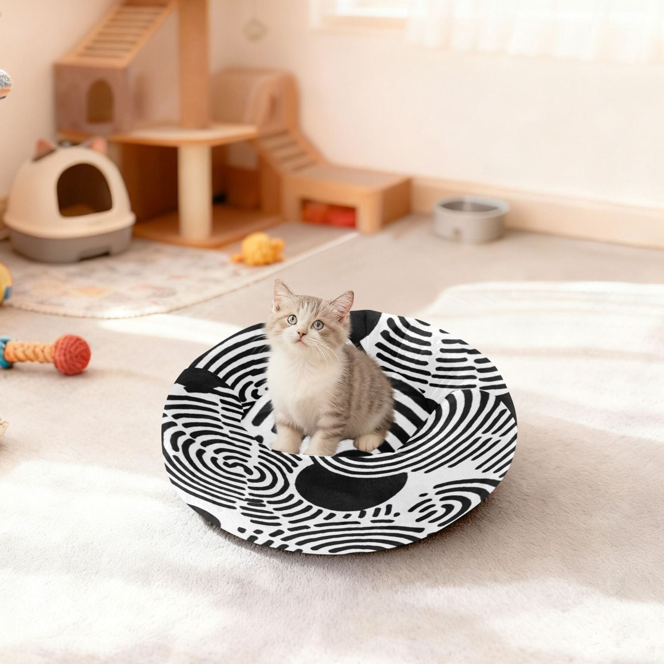 Iauyy Pet Couch Donut Cat Bed for Indoor Cats/Small Dogs Washable & Machine with Non-slip Bottom Calming Cat Furniture, Black and White Circles (M)