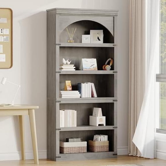 68.7" Tall Grey Arched 5-Shelf Bookcase, Farmhouse Curved Wooden Storage Rack for Home Office & Living Room