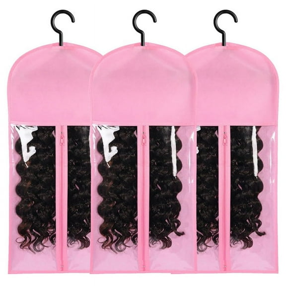 3PCS Hair Extension Holder Wig Storage for Multiple Wigs Holder Wig Bags with Hanger Hair Extension Storage Pink non-woven fabric Pink