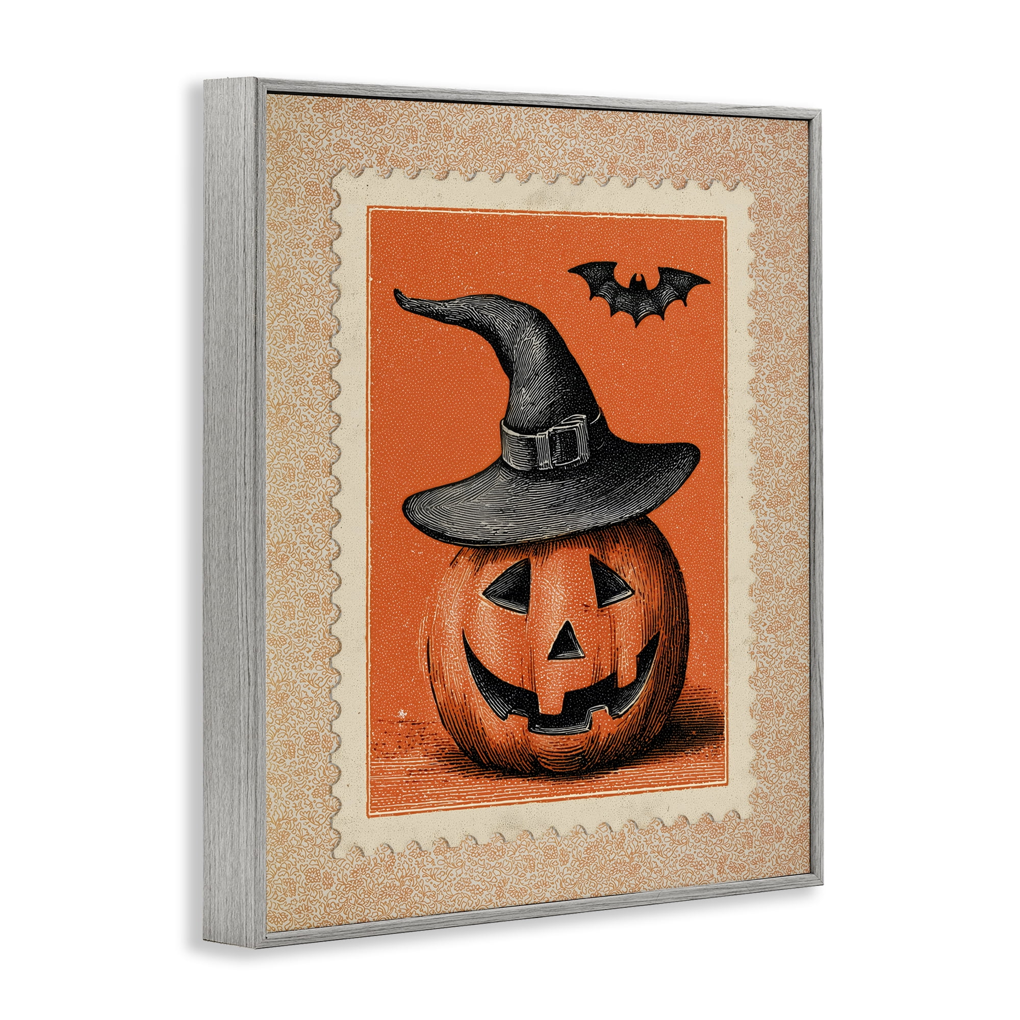 Vintage Jack-o-Lantern Stamp Gray Framed Giclee Art, design by Arlington Prints