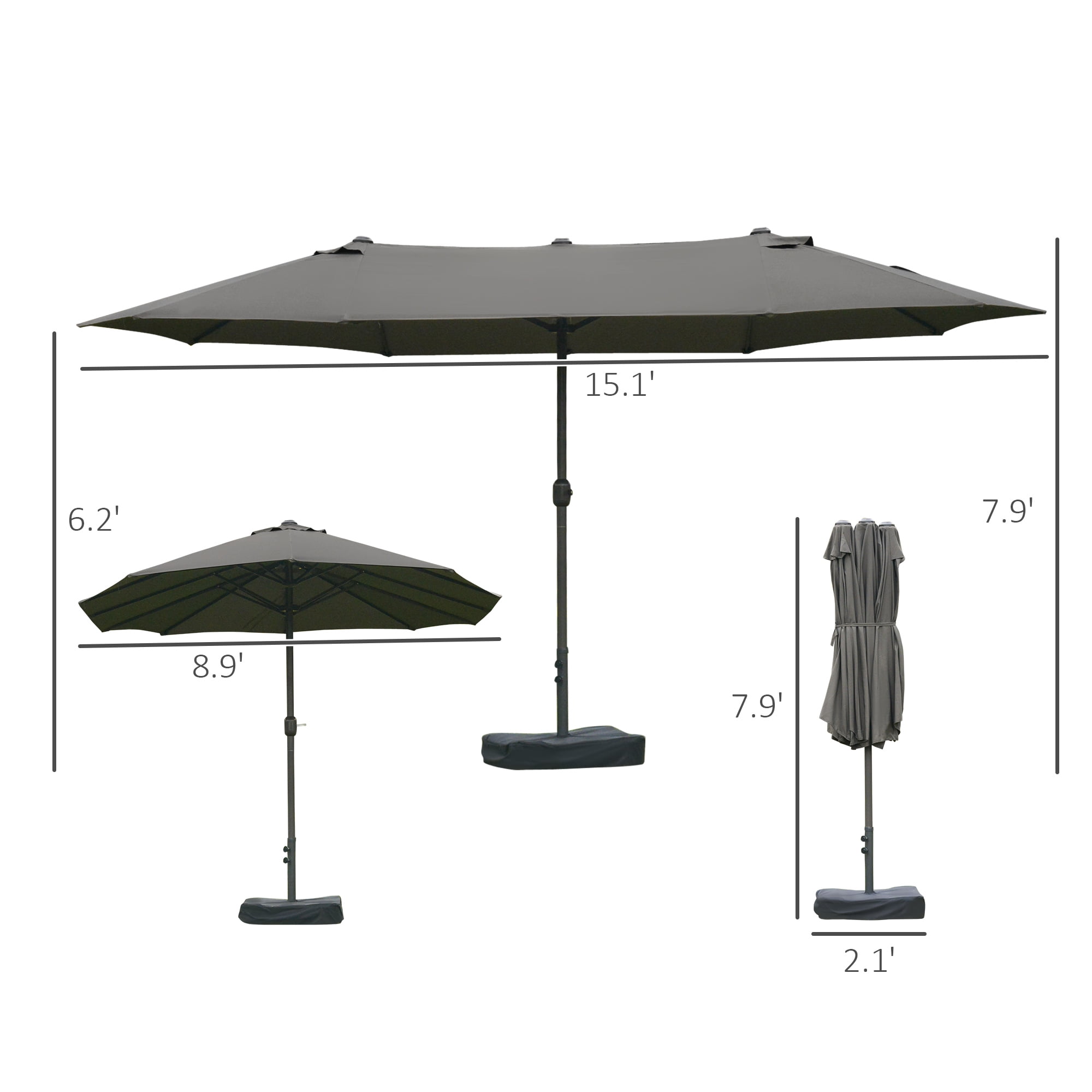 Outsunny Patio Umbrella 15' Steel Rectangular Outdoor Double Sided Market with base, Sun Protection & Easy Crank for Deck Pool Patio, Dark Gray