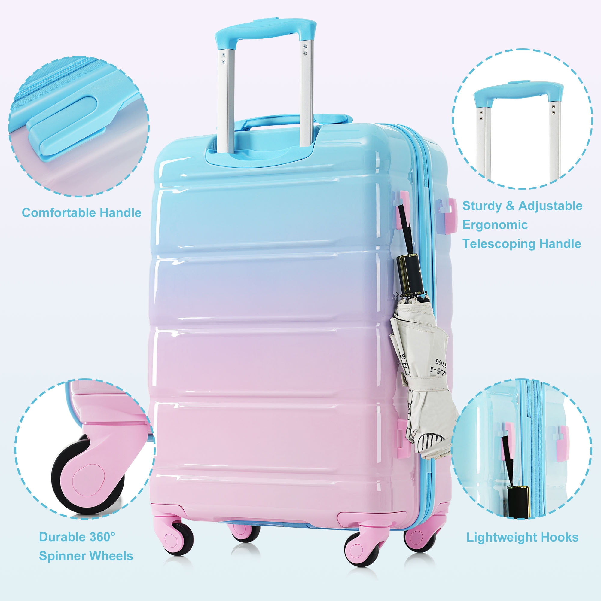 3-Piece Luggage Set, 20 Inch Airline Approved Carry-On with USB Port, ABS+PC Hardshell Suitcase with 360° Spinner Wheels & Side Hooks