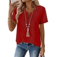 thumbnail image 2 of purcolt Women's Summer T-Shirts Short Sleeve V-Neck Solid Color Embroidery Tops Casual Loose Fit Boho Blouses, 2 of 9