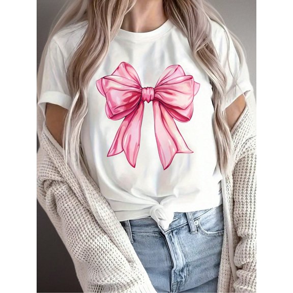 Women's Casual Short-Sleeve T-Shirt With An Elegant Pink Bow Print-Crew-Neck Top