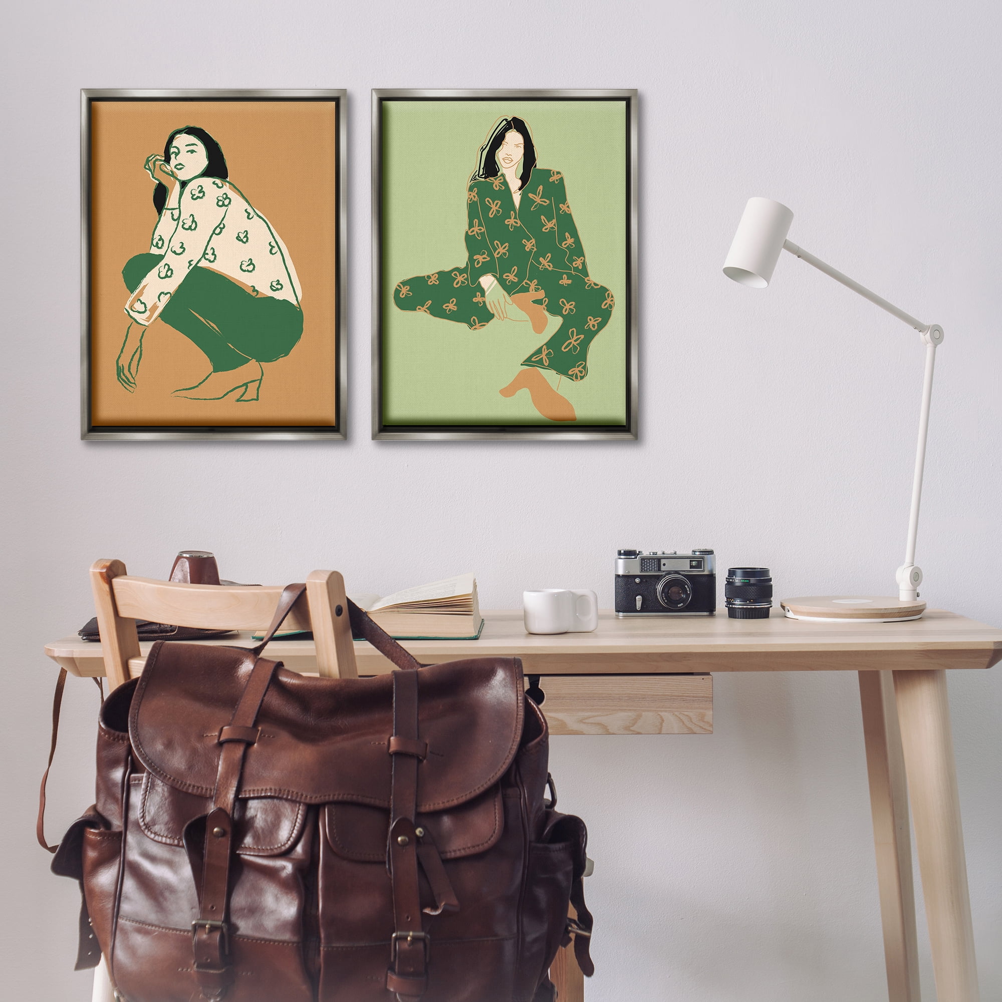 Stupell Industries Woman Stooping Sitting Pose People Painting Gray Floater Framed Canvas Art Print Wall Art, 21 x 31, Set of 2