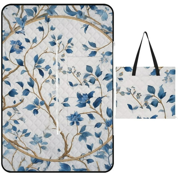 Elegant Blue Floral Circular Design Outdoor Picnic Blanket, Foldable Waterproof Beach Mat, Portable Beach Blanket for Beach Camping, Hiking, Family Concerts