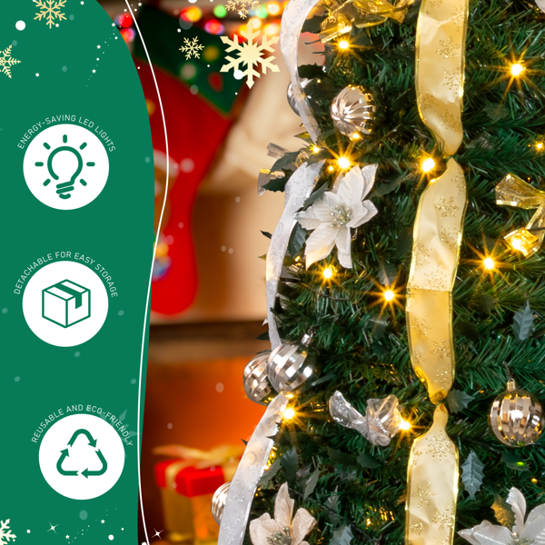 Alvantor 7 ft Fully Decorated Pre-Lit Pop-up Christmas Tree with 200 Warm White LEDs, Remote Control, Gold and Silver Ornaments