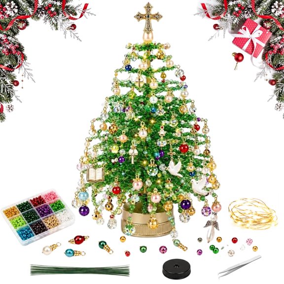 Diy Bead Christmas Tree Kit Lighted, Christmas Tree Bead Kit, 3D Tabletop Holiday Craft Set for Adult Seasonal Home Decoration