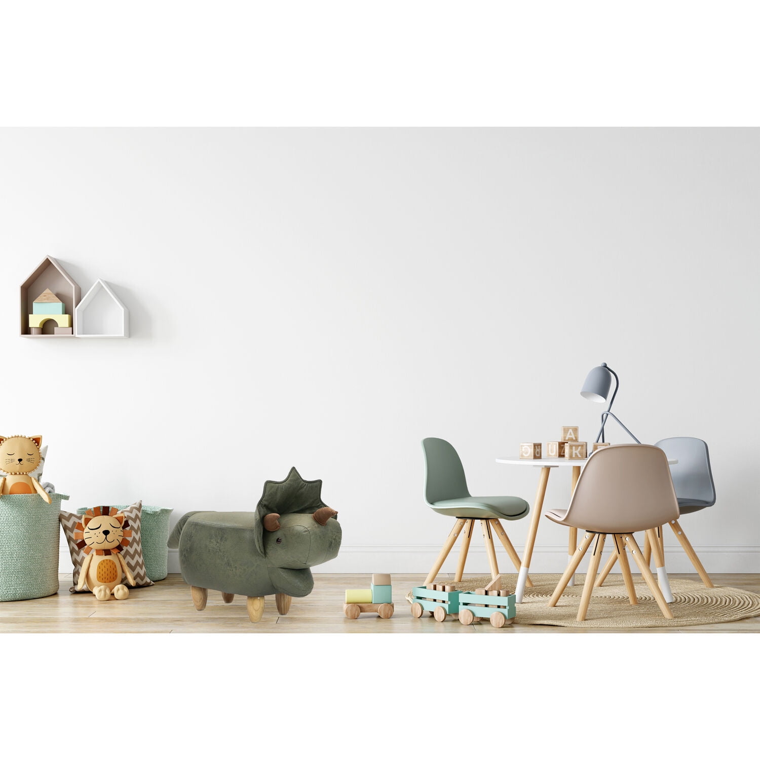 Critter Sitters 14-In. Seat Height Green Triceratops Dinosaur Animal Shape Ottoman - Furniture for Nursery, Bedroom, Playroom, and Living Room Decor