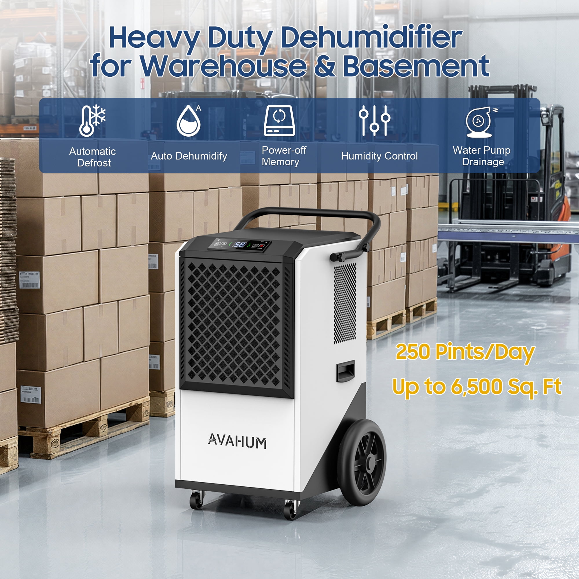 AVAHUM 250 Pints Commercial Dehumidifier with Pump for 6,500 sq. ft, Industrial Dehumidifier for Basements and Warehouses