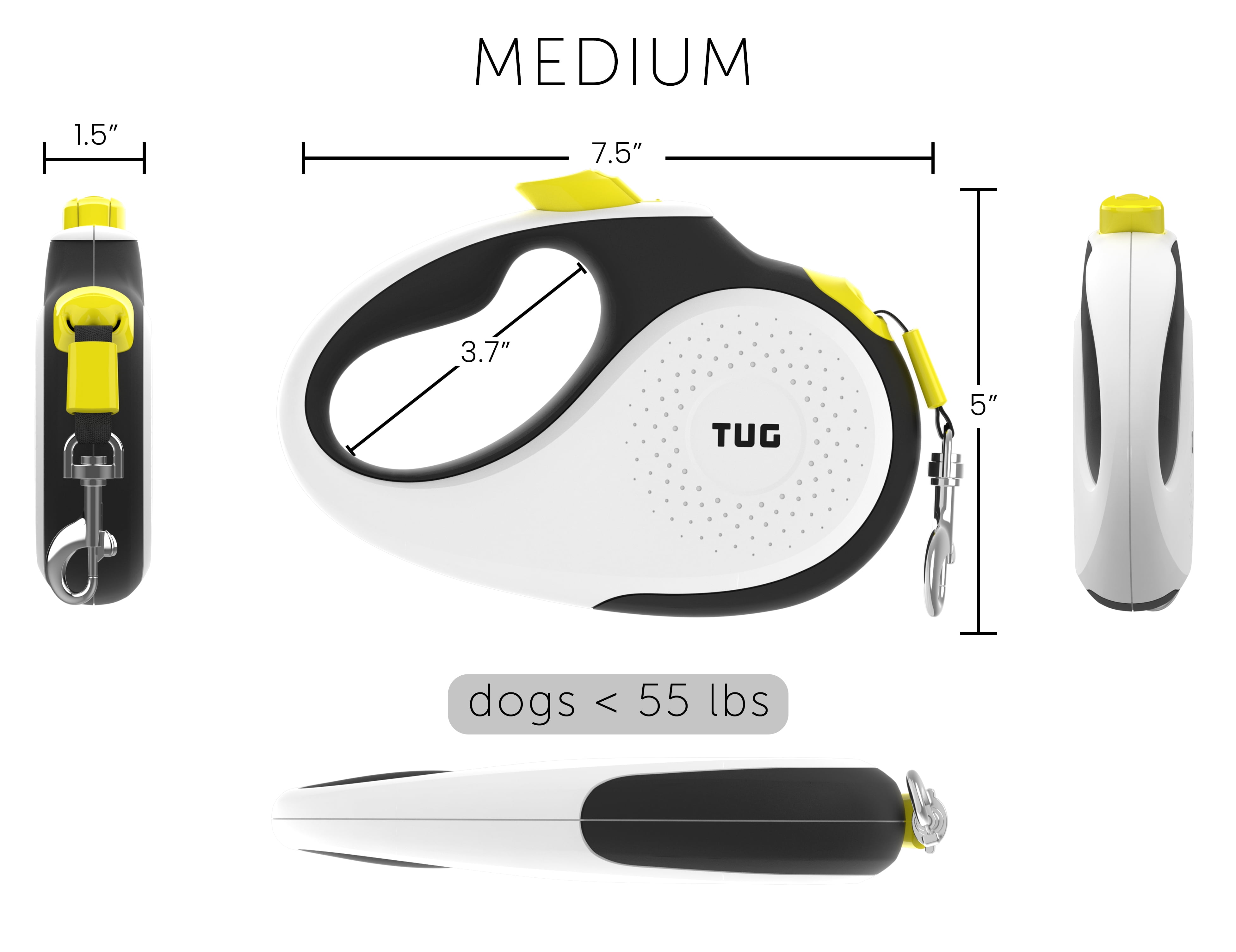 TUG 360° Tangle-Free Retractable Dog Leash | 16 ft Strong Nylon Tape | One-Handed Brake, Pause, Lock (Medium, White/Neon Yellow), 1 Count