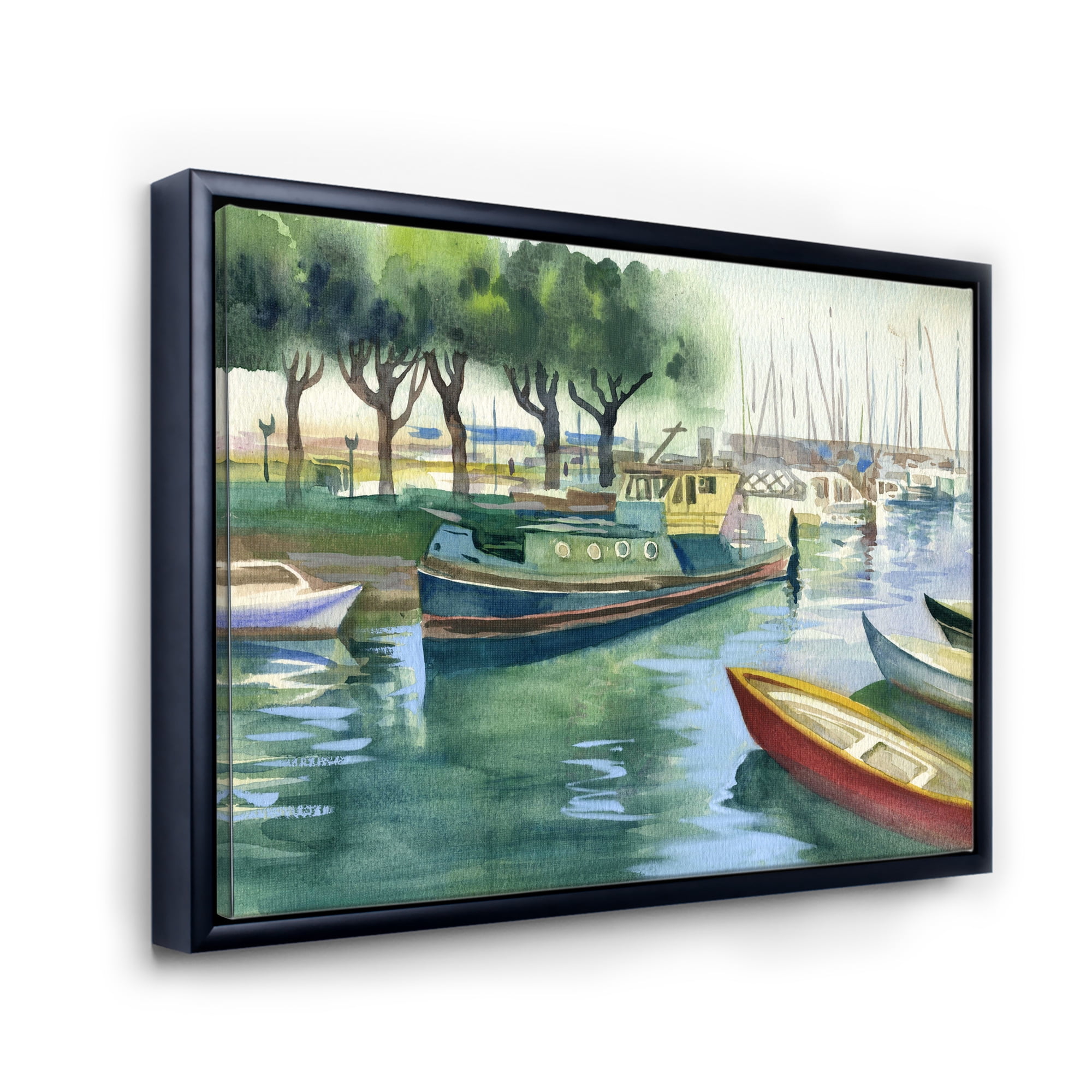 Designart 'Boats At The Lake in Green Spring' Traditional Framed Canvas Wall Art Print