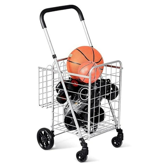 Foldable Shopping Cart with Wheels - Utility Cart Double Basket for Groceries, Laundry, Travel - Lightweight Collapsible Cart with Adjustable Handle
