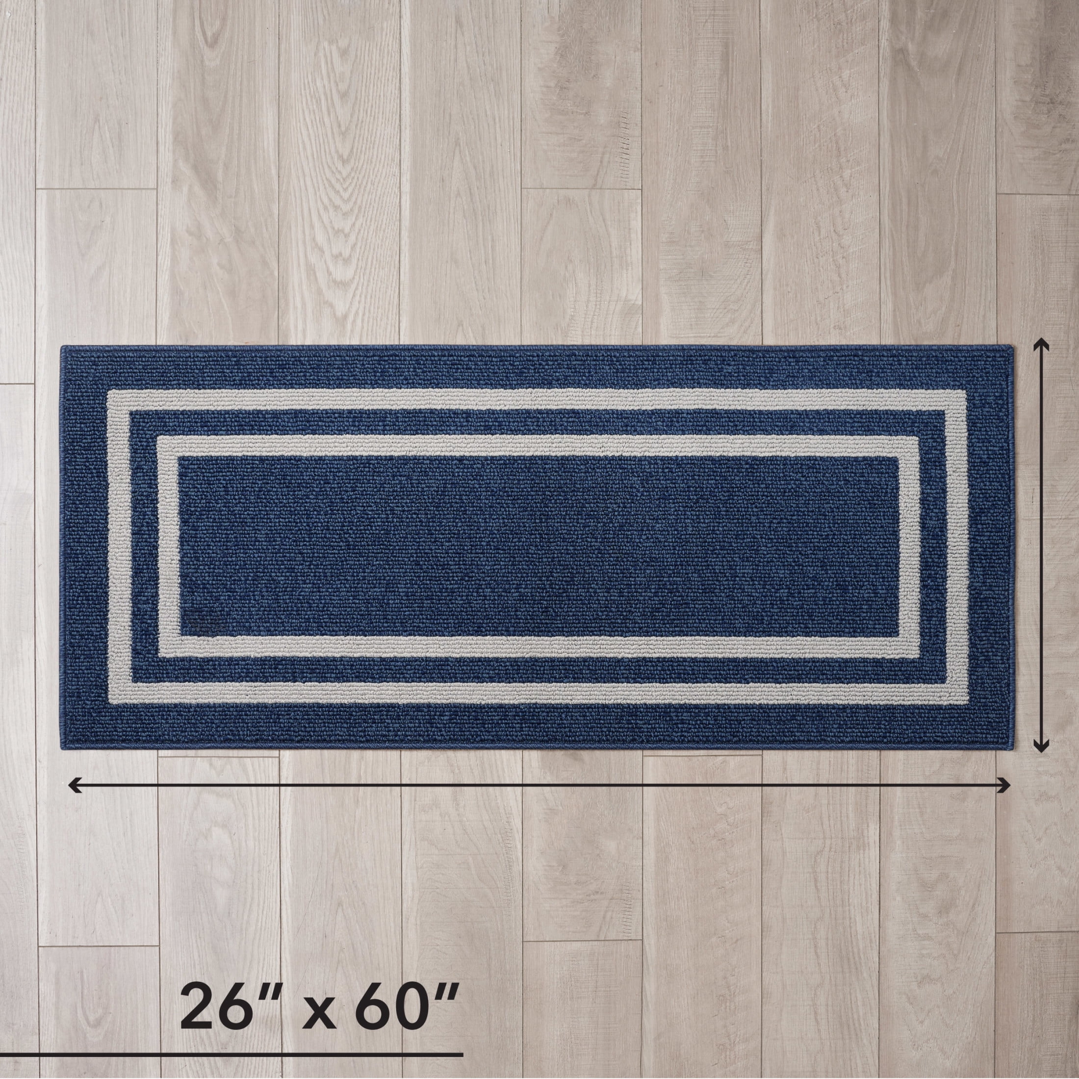Washable Skid-Resistant Runner Rug, Border, Denim Twist and Light Grey, 26" x 60"