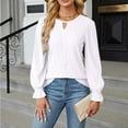 thumbnail image 2 of Sexlip Women's Dressy Casual Blouses Long Puff Sleeve Textured Jacquard Business Tops Trendy Crew Neck Keyhole Work Shirts White S, 2 of 8