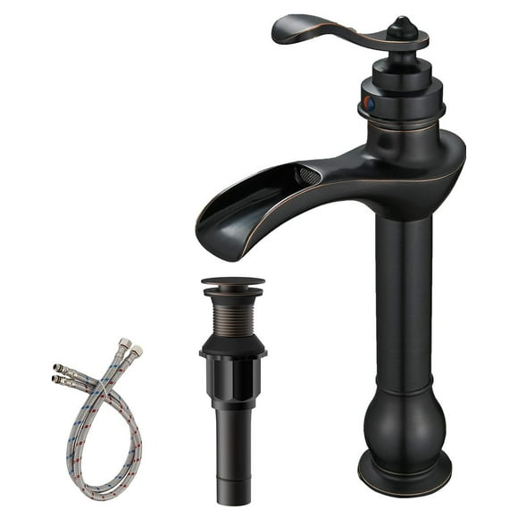 BWE Vessel Sink Faucet Oil Rubbed Bronze Bathroom Faucet with Pop Up Drain Assembly and Supply Hose Single-Handle Single Hole Tall Bathroom Faucet Vanity Lavatory Mixer Tap Ta
