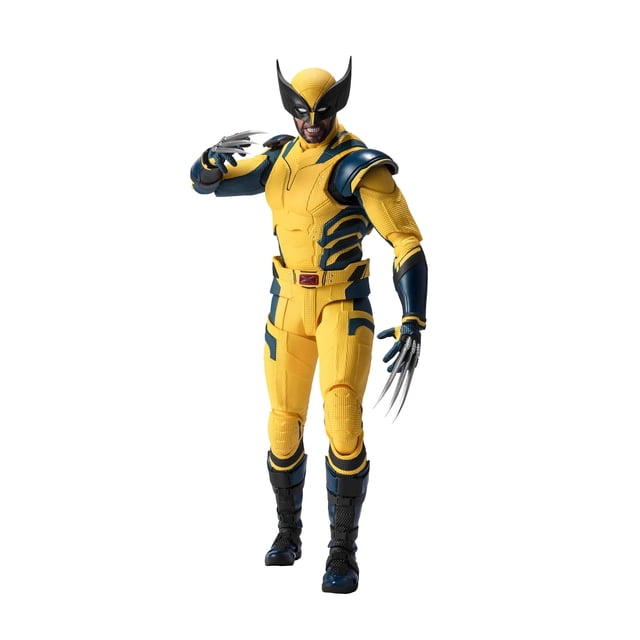 tamashii nations - deadpool & wolverine - wolverine (deadpool & wolverine), bandai spirits s.h.figuarts action figure Figura S.H.Figuarts de Wolverine en traje amarillo con máscara característica y hombreras azul oscuro, vista frontal 3/4; brazos articulados con garras metálicas extendidas, textura de paneles en el torso, cintura con hebilla roja, manos intercambiables y piezas de repuesto para cabeza y muñecas. Fondo blanco neutro, postura dinámica adecuada para exhibición; a menudo usado para dioramas.