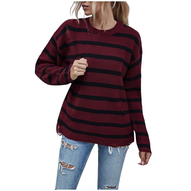 Suéter de punto a rayas para mujer Suéter de manga larga informal Suéter de cuello redondo Pompotops hdfakjf11057