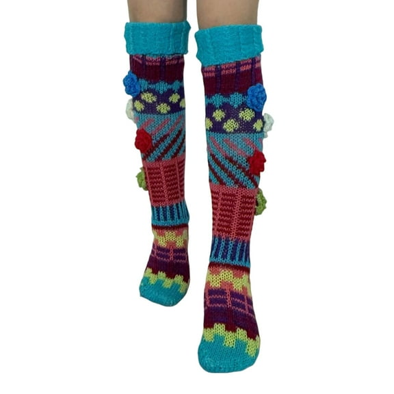 IWRICH Women's Crochet Knee High Socks 3D Flower Embroidered Knitted Stockings Colorful Leg Warmer Multicolour