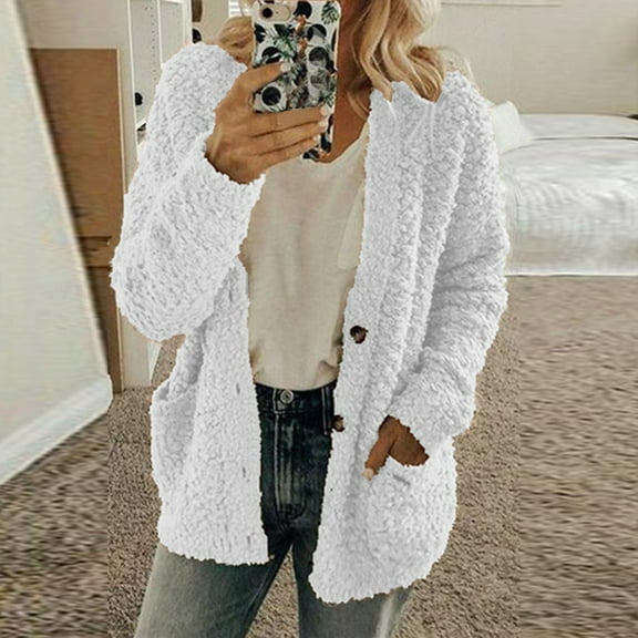 Winter Womens Plush Coat Fuzzy Fleece Coats for Women Plus Size Open Button Fluffy Sherpa Jacket Casual Solid Long Sleeve Sweater Outerwear with Pocket 2023 Plush Coat